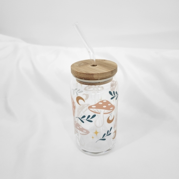 Earthy Mushroom Etched Glass With Wood Lid Glass Straw Funky Goblincore - Picture 3 of 6
